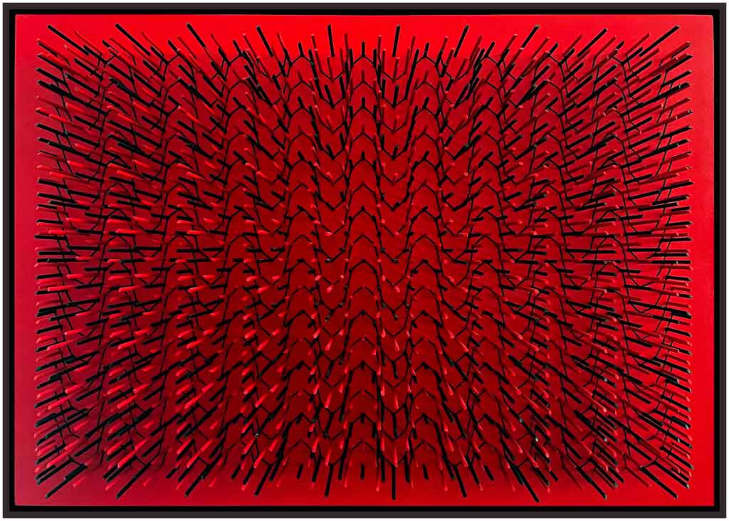 3-D Geometric art showing black waves dowels on red background